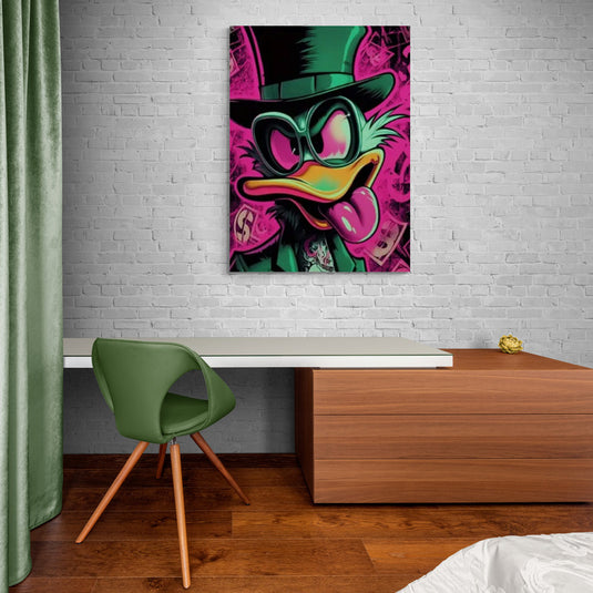 Cuadro pop art de pato excéntrico con sombrero verde y fondo fucsia con símbolos de dinero.