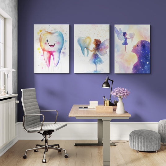 Tríptico decorativo infantil con hadas y dientes felices en acuarela, ideal para consultorios odontopediátricos o espacios infantiles