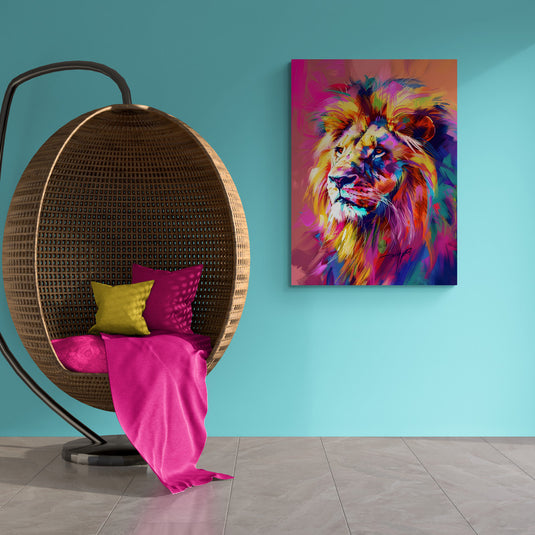 Cuadro de león en tonos vibrantes y estilo moderno.