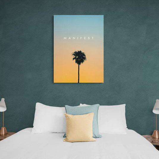 palmera con atardecer y la palabra "Manifest"