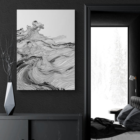 Arte abstracto de líneas fluidas en blanco y negro, evocando movimiento natural.