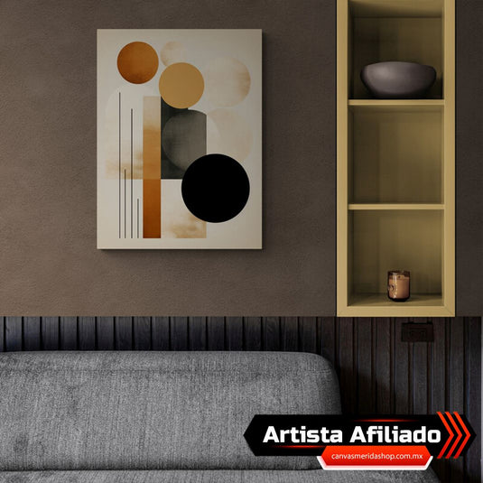 Composición abstracta de círculos y líneas en tonalidades tierra