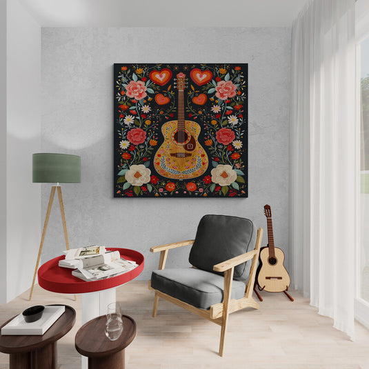 Pintura decorativa de una guitarra floral rodeada de flores y corazones sobre fondo negro.
