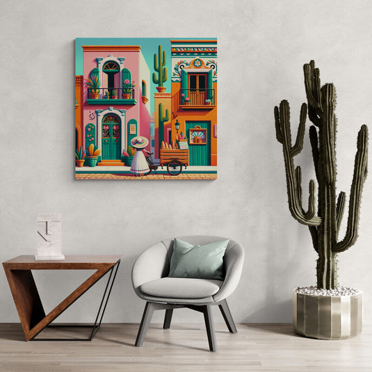 Casas coloridas en pueblo mexicano con mujer y carrito de pan