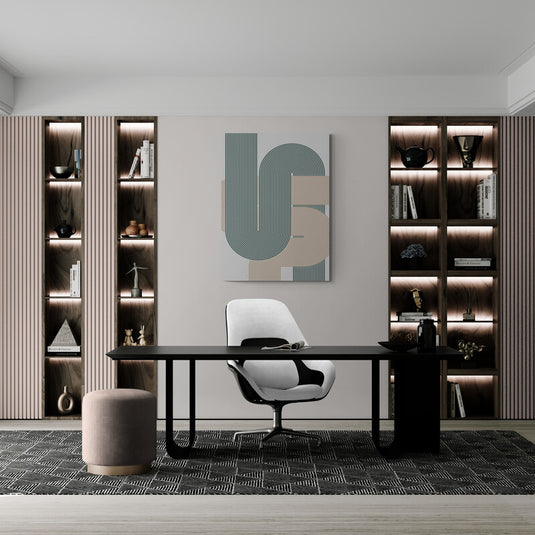 Pintura abstracta con patrones lineales en verde y beige