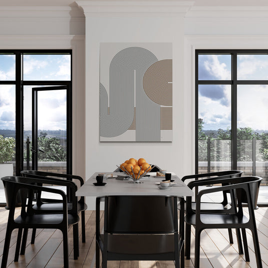 Pintura abstracta con líneas y formas en espiral en tonos neutros