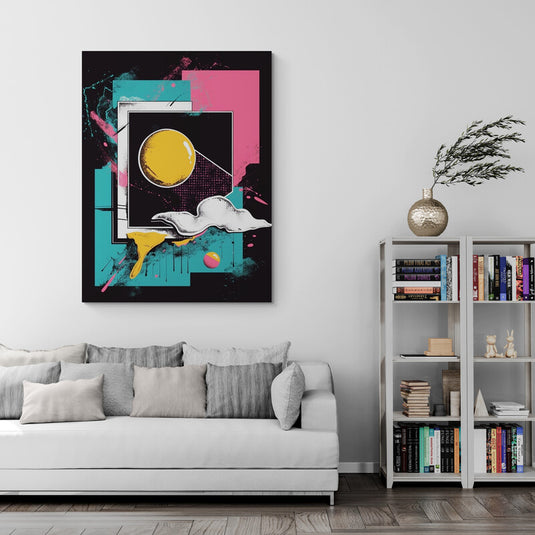 Cuadro abstracto pop con colores vibrantes, formas geométricas y nubes sobre fondo oscuro.