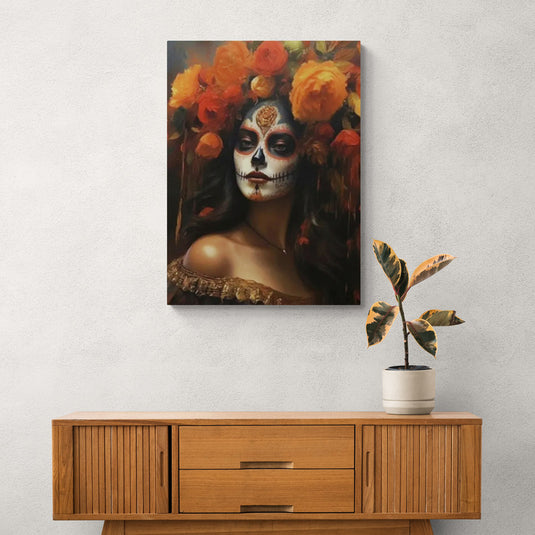 Retrato de mujer con calavera de Día de Muertos y corona de flores anaranjadas – arte mexicano