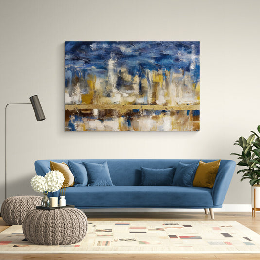 Pintura abstracta de paisaje urbano en tonos azul y dorado