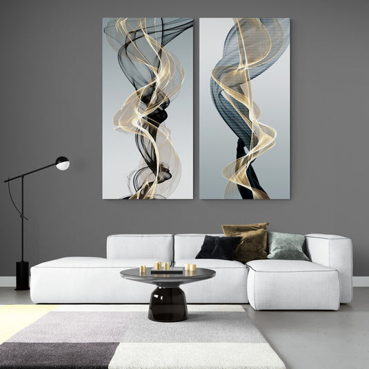 Cuadros Minimalistas con Líneas Abstractas en Gris, Negro y Dorado