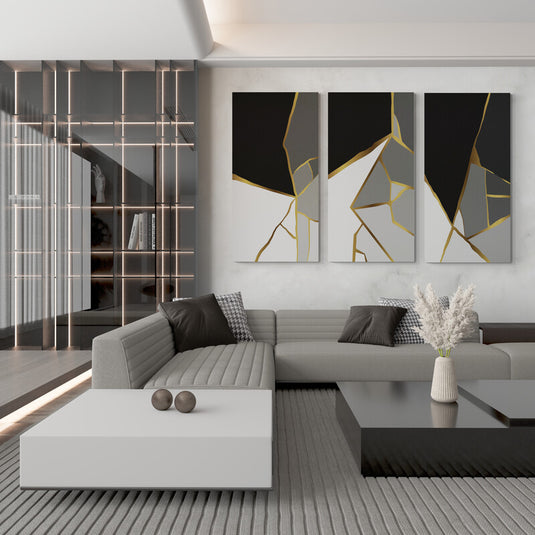 Tríptico abstracto geométrico en blanco, negro y dorado
