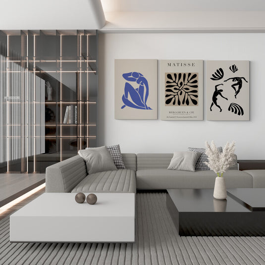 Set de Cuadros Decorativos: Silueta Femenina Azul, Composición Matisse y Siluetas Danzantes en Negro sobre Fondo Beige