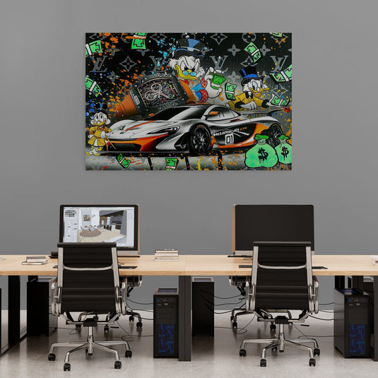 Pop art Scrooge McDuck McLaren lujo billetes