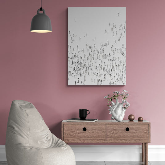 Cuadro de multitud abstracta con pequeñas figuras humanas