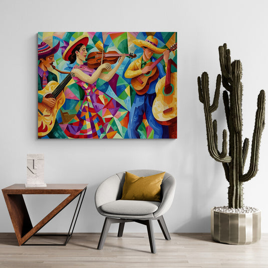 Cuadro cubista de músicos mexicanos