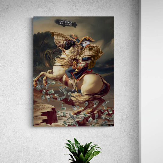 Cuadro decorativo estilo arte pop que reinterpreta a Napoleón con crítica social, máscara y dinero volando