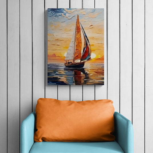 Navegación al atardecer con velero en el horizonte