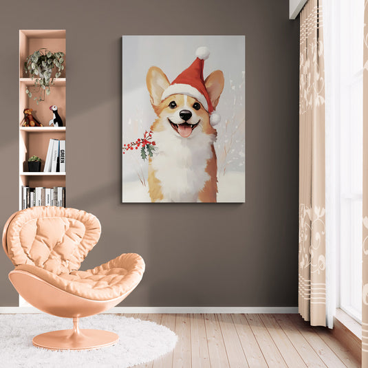 Corgi con gorro navideño en un fondo invernal