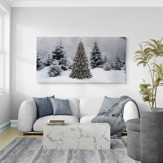 Cuadro decorativo navideño con árbol de Navidad en paisaje nevado y pinos invernales