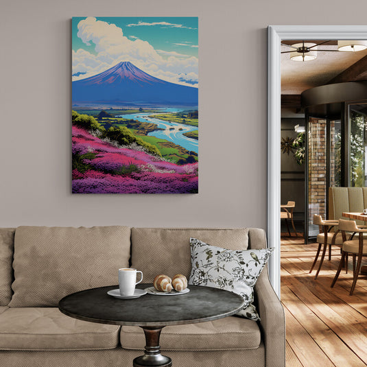 Ilustración colorida del Monte Fuji con un paisaje floreciente en el primer plano