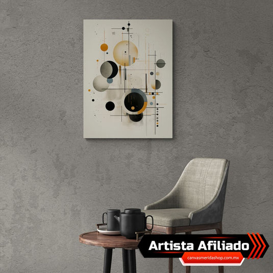 Composición geométrica abstracta con círculos, líneas y tonos tierra