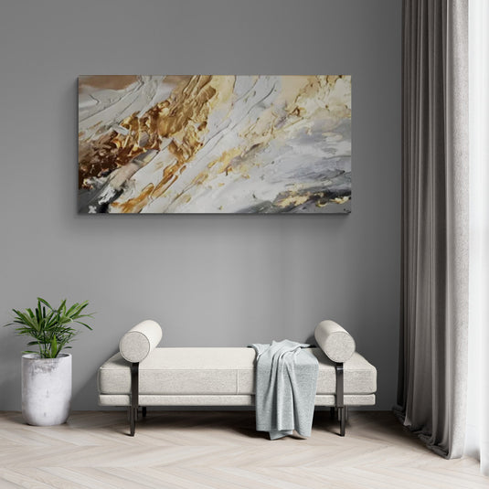 Cuadro moderno con diseño abstracto texturizado en tonos neutros y dorado.