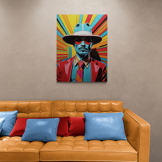 Retrato_estilizado_de_hombre_con_sombrero_azul_y_chaqueta_roja_en_fondo_radiante_multicolor