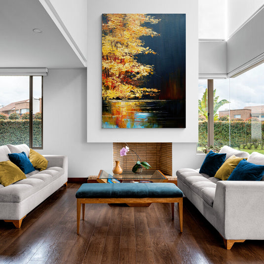 Paisaje otoñal árboles amarillos reflejo agua