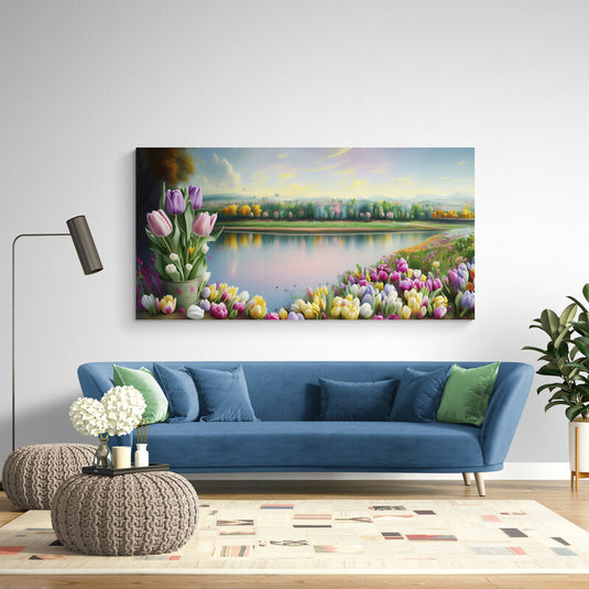 Pintura de un campo de tulipanes con vista a un lago y paisaje al amanecer.