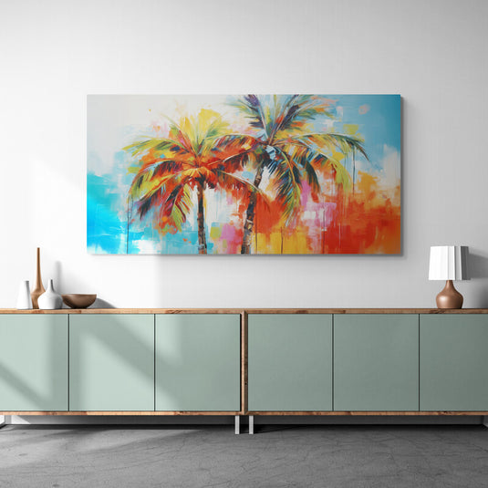 Pintura de palmeras tropicales con colores vivos y fondo abstracto.