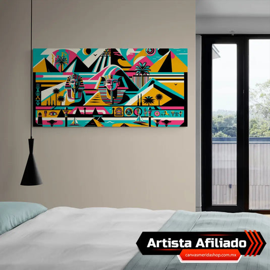 Collage artístico moderno inspirado en la iconografía y paisaje del antiguo Egipto con pirámides, esfinges y motivos del Nilo en colores vibrantes