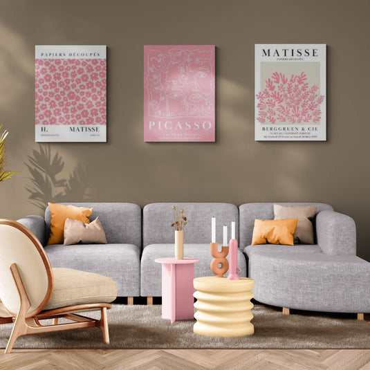 Trilogía de arte en tonos rosa con obras de Matisse y Picasso