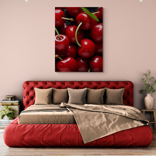 Cuadro decorativo de cerezas rojas – Frutas frescas en estilo realista con gotas de agua, ideal para dormitorios modernos o cocinas con estilo gourmet
