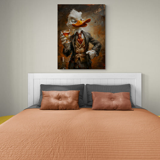 Póster de pato elegante con copa de vino