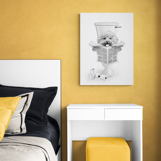 Ilustración en blanco y negro de un perro leyendo el periódico en un ambiente moderno.