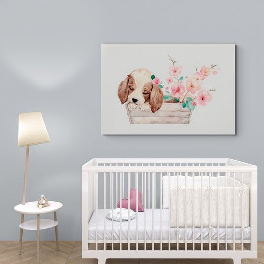 Ilustración de un cachorro dormido sobre una caja de madera decorada con flores rosadas.