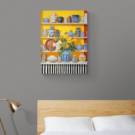 Estantería con cerámicas azules y blancas y flores amarillas