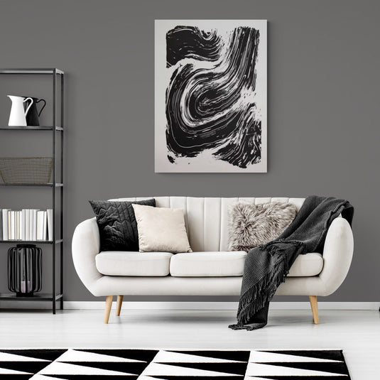Cuadro decorativo abstracto en blanco y negro – Pinceladas curvas expresivas
