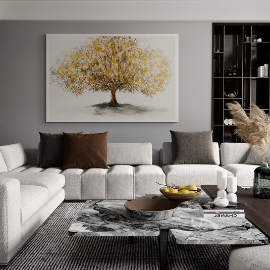 Cuadro_decorativo_árbol_grande_central_hojas_amarillas_doradas_fondo_blanco