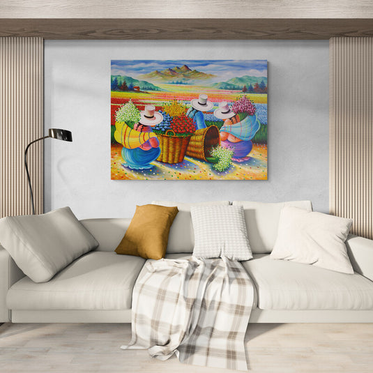 Pintura vibrante de figuras recolectando flores en un campo colorido bajo un cielo azul.