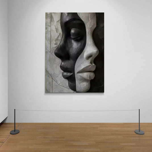 Cuadro decorativo de arte abstracto – Rostros duales en blanco y negro con textura de mármol, simbolismo de contraste y reflexión interior.