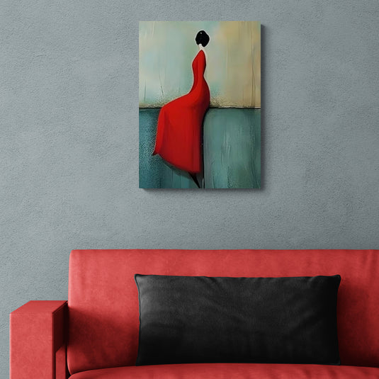 Cuadro decorativo de dama elegante con vestido rojo sobre fondo abstracto en tonos azules.