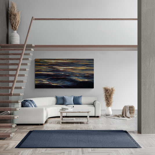 Pintura al óleo de aguas tranquilas al atardecer con reflejos dorados