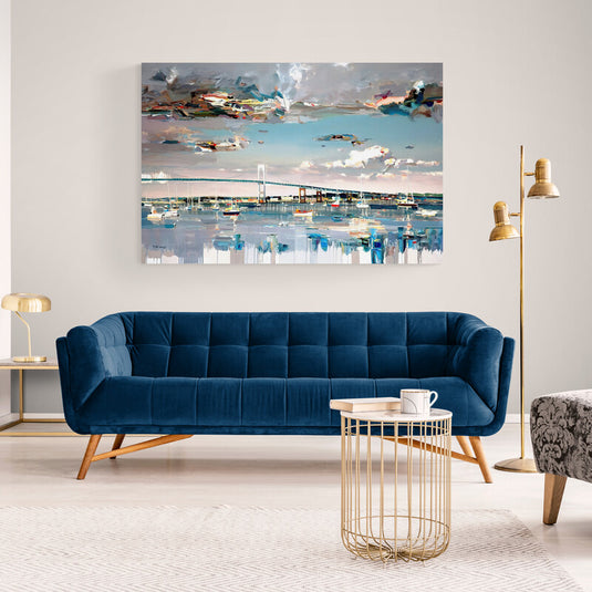 Pintura de paisaje marino con barcos y puente al atardecer