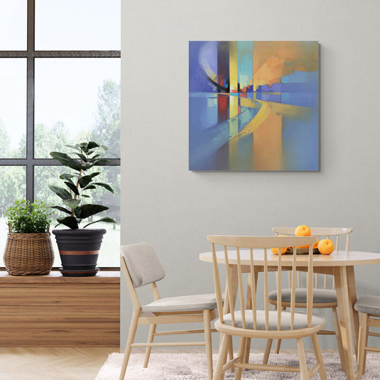 Cuadro abstracto geométrico en tonos cálidos y fríos