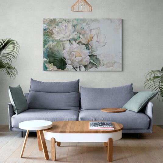 Imagen artística titulada 'Refugio de Flores', mostrando un arreglo floral vibrante en un ambiente abstracto