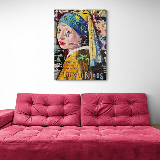 Cuadro decorativo estilo arte urbano con retrato clásico intervenido y graffiti colorido moderno