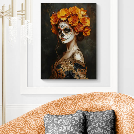 Retrato de mujer con calavera de Día de Muertos y corona de flores naranjas – arte mexicano