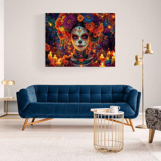 Cuadro decorativo de Catrina mexicana con flores y velas para Día de Muertos