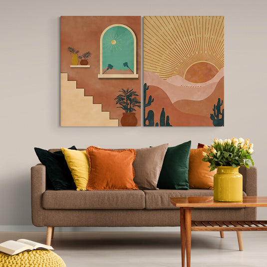 Cuadro boho: Atardecer con sol en las montañas y casa serena con ventana arqueada